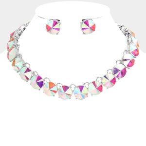 Silver Round Crystal Necklace Set Fashion Statement Evening Jewelry Accessory Ab